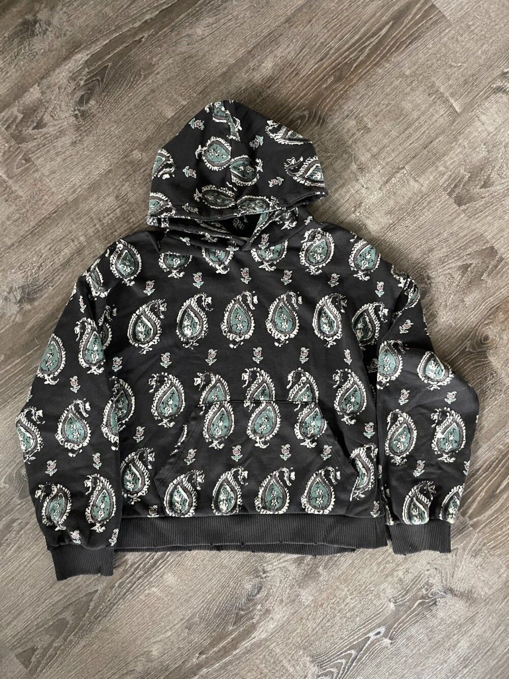 FOUND Paisley Hoodie Grunge Streetwear Black Green Pullover Size L Unisex